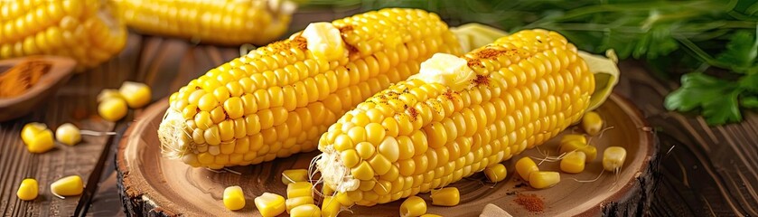 Wall Mural - Delicious grilled corn on the cob with melted butter served on a wooden plate, garnished with fresh herbs. Perfect for a summer barbecue.