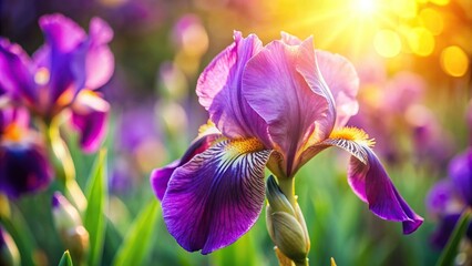 Wall Mural - Vibrant close-up of blooming purple iris flower in sunlight, spring, garden, nature, petal, colorful, botanical, beautiful