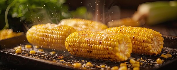 Wall Mural - Grilled corn on the cob with seasoning on a wooden table. Close-up of delicious roasted corn with herbs. Perfect for summer barbecue and outdoor dining.