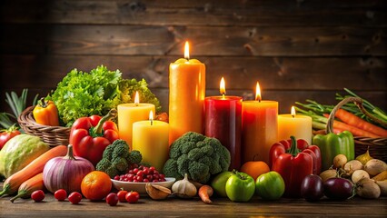 Wall Mural - Candles and fresh fruits and vegetables arranged on a table, candles, table, fruits, vegetables, fresh, organic