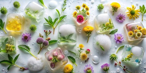 Wall Mural - Abstract background with frozen flowers and herbs in ice cubes, surrounded by soap bubbles , colorful, flowers