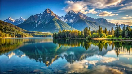 Wall Mural - Scenic landscape with majestic mountains towering over a tranquil lake, mountains, lake, water, nature, landscape, serene