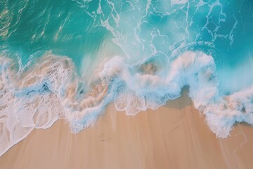 Wall Mural - Beautiful tropical wave of summer sea surf. Soft turquoise blue ocean wave on the golden sandy beach.