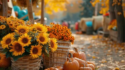 Sticker - A vibrant autumn market scene featuring baskets of bright sunflowers and pumpkins, surrounded by the warm hues of fall.