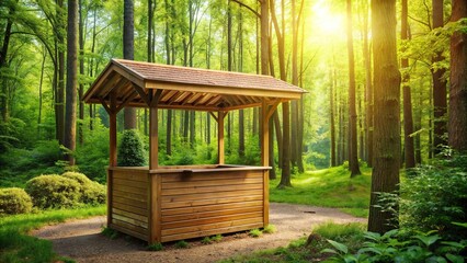 Wall Mural - Forest booth in a lush green setting with wooden structure and leafy canopy overhead, nature, forest, booth, wooden, structure