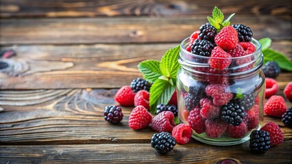Sticker - Fresh raspberries and blackberries preserved in a jar on a rustic wooden table, berries, fruit, preserves, glass jar