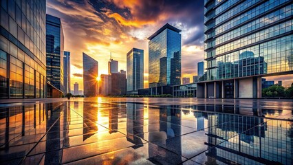 Futuristic cityscape with glass buildings reflecting sunset on wet pavement , sunset, futuristic, cityscape