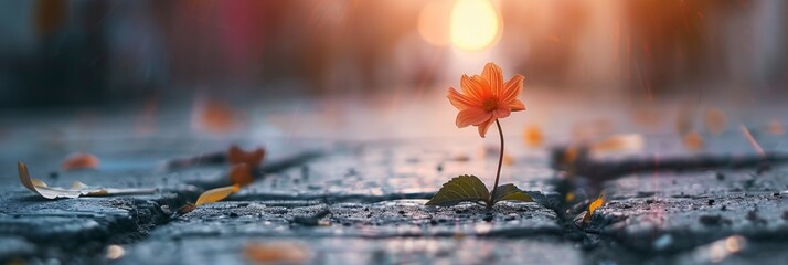 Sticker - Blooming flower growing on crack street, asphalt plant, pavement sprout, flower on crack asphalt