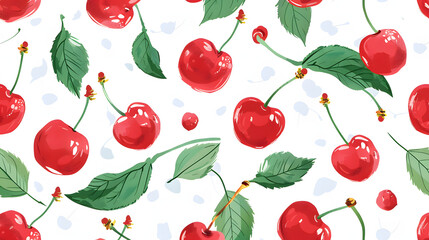Wall Mural - Seamless realistic digital pattern of red cherries and strawberries with stems on white background