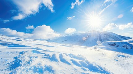 Poster - Bright sun shining over hills with a white snowy background