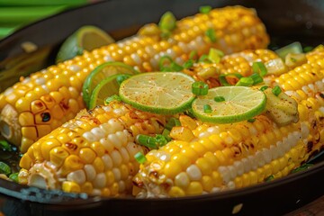 Wall Mural - Grilled corn on the cob with lime slices and green onions in a pan, showcasing a delicious summer BBQ dish.