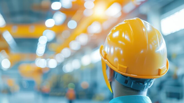Engineer with a yellow safety helmet observing a manufacturing plant, focusing on innovative machinery and industrial production processes.