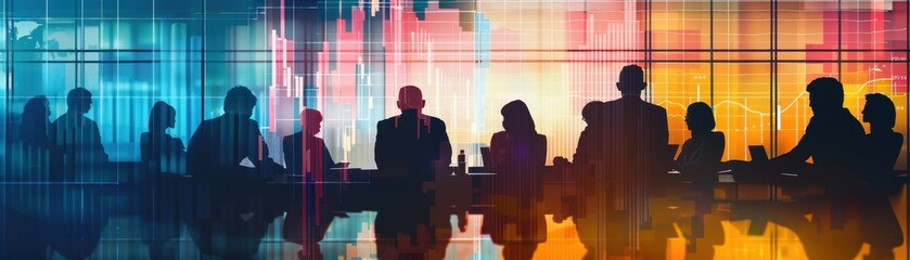 Stock chart, conference room, close up, focus on, copy space, vibrant colors, Double exposure silhouette with business meeting