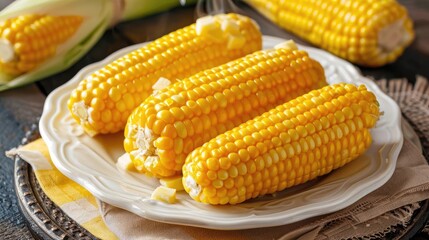 Wall Mural - Fresh, golden corn on the cob served on a white plate, perfect for a summer barbecue or a healthy snack.
