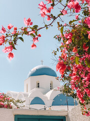 Iconic Blue Church Dome in Santorini, Greece with Bougainvillea Flowers