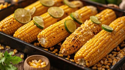 Wall Mural - Grilled corn on the cob garnished with lime slices on a tray, perfect for a summer barbecue or outdoor gathering.