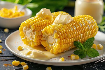 Wall Mural - Delicious corn on the cob with melted butter on a plate, garnished with fresh herbs. Perfect for a summer meal or barbecue.