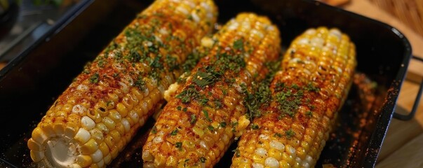 Wall Mural - Three deliciously seasoned corn on the cobs baked to perfection, topped with fresh herbs and spices in a black roasting pan.
