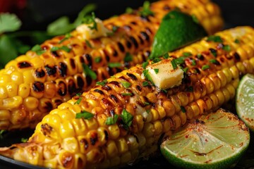 Wall Mural - Close-up of grilled corn with butter and lime garnish, photographed on a dark background highlighting the vibrant colors and textures.