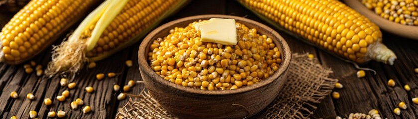 Wall Mural - A rustic wooden bowl filled with fresh corn kernels topped with a pat of butter, surrounded by whole ears of corn on a woven mat.