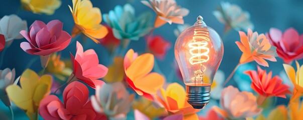 Wall Mural - Vibrant lightbulb illuminates a backdrop of colorful paper flowers on a blue surface