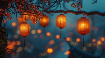Wall Mural - Glowing lanterns hanging on a tree branch with red berries, creating a warm and magical atmosphere with soft bokeh lights in the background.