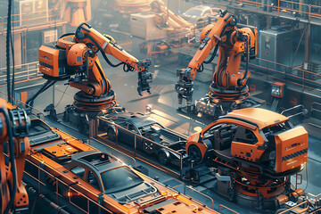 Wall Mural - A high-tech factory with robots on an assembly line, manufacturing car body parts efficiently.