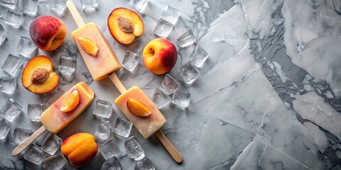 Wall Mural - Top view of fruit and peach ice cream on a wooden stick with peach slices and ice cubes on gray marble surface