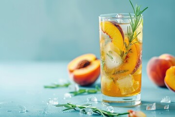 Peach cocktail and rosemary-lime iced tea on blue background with space for text, refreshing summer drinks with fizzy twist for copy and social media