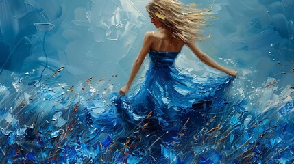 Elegant mermaid with flowing hair dances underwater in a sea of blue