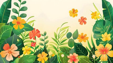 Wall Mural - Vibrant Tropical Floral Background with Lush Foliage and Colorful Blooming Flowers