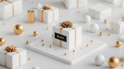 White gift boxes with gold accents and a black label, representing Black Friday or a sale event.