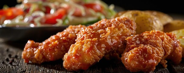 Close-up of delicious crispy fried chicken tenders served with fresh vegetable salad and golden-brown potatoes on a wooden table.