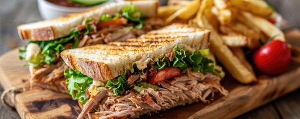 Wall Mural - Delicious pulled pork sandwich served with crispy French fries and fresh vegetables, perfect for a hearty lunch or dinner.