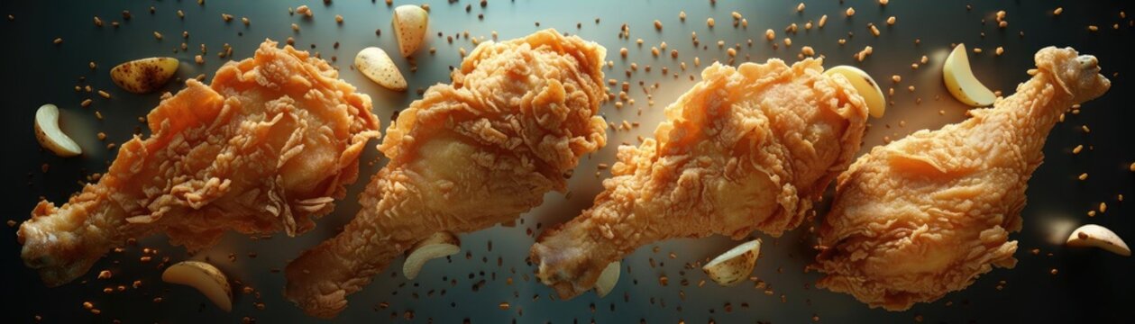 Four crispy fried chicken drumsticks with garlic cloves on a dark background, showcasing a delicious and appetizing meal.