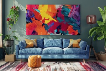 Bright and joyful living room design concept with vibrant abstract art wall decor, colorful painting display mockup idea