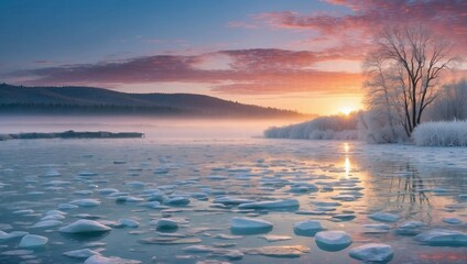 Poster - sunrise over the river