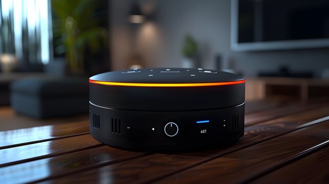 Smart home device on wooden table with blurred background of modern living room, showcasing technology and innovation in home automation.