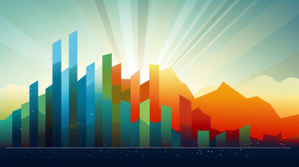 Wall Mural - Vector illustration of a sunset over the city with a bar graph.
