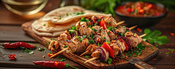 Wall Mural - Delicious grilled chicken skewers with vegetables and herbs, served with flatbread and spicy salsa on a rustic wooden board.