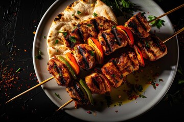Wall Mural - Delicious grilled meat skewers with vegetables served on a white plate with flatbread, garnished with fresh herbs on a dark background.