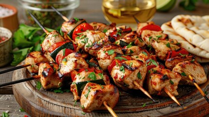 Wall Mural - Grilled chicken kebabs served with vegetables on wooden skewers, garnished with fresh herbs. Perfect for BBQ parties and summer gatherings.