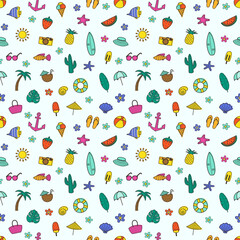 Wall Mural - Colourful seamless pattern with cartoon summer elements. Vector illustration