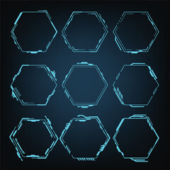 Set of hexagons  HUD futuristic style. Hexagon frame element design, geometric shapes, digital technology on a dark blue background.