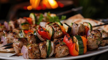 Wall Mural - Delicious grilled chicken skewers with vegetables served on a plate, perfect for a summer barbecue meal.