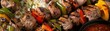 © Jiraporn - Delicious grilled meat and vegetable skewers served with a side of dipping sauce. Perfect for summer barbecues and outdoor gatherings.
