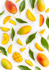 Wall Mural - Delicious mango fruits and leaves falling on white background