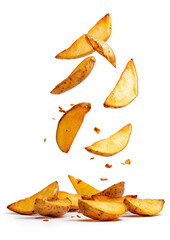 Wall Mural - Falling fried Potato wedges, isolated on white background, clipping path, full depth of field
