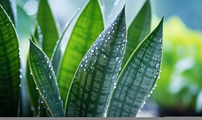 Wall Mural - Dew Drops on Snake Plant Leaves