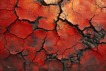 A cracked desert ground texture with sharpedged fissures, revealing a glimpse of underground lava in fiery red tones against a sandy backdropSpace for text